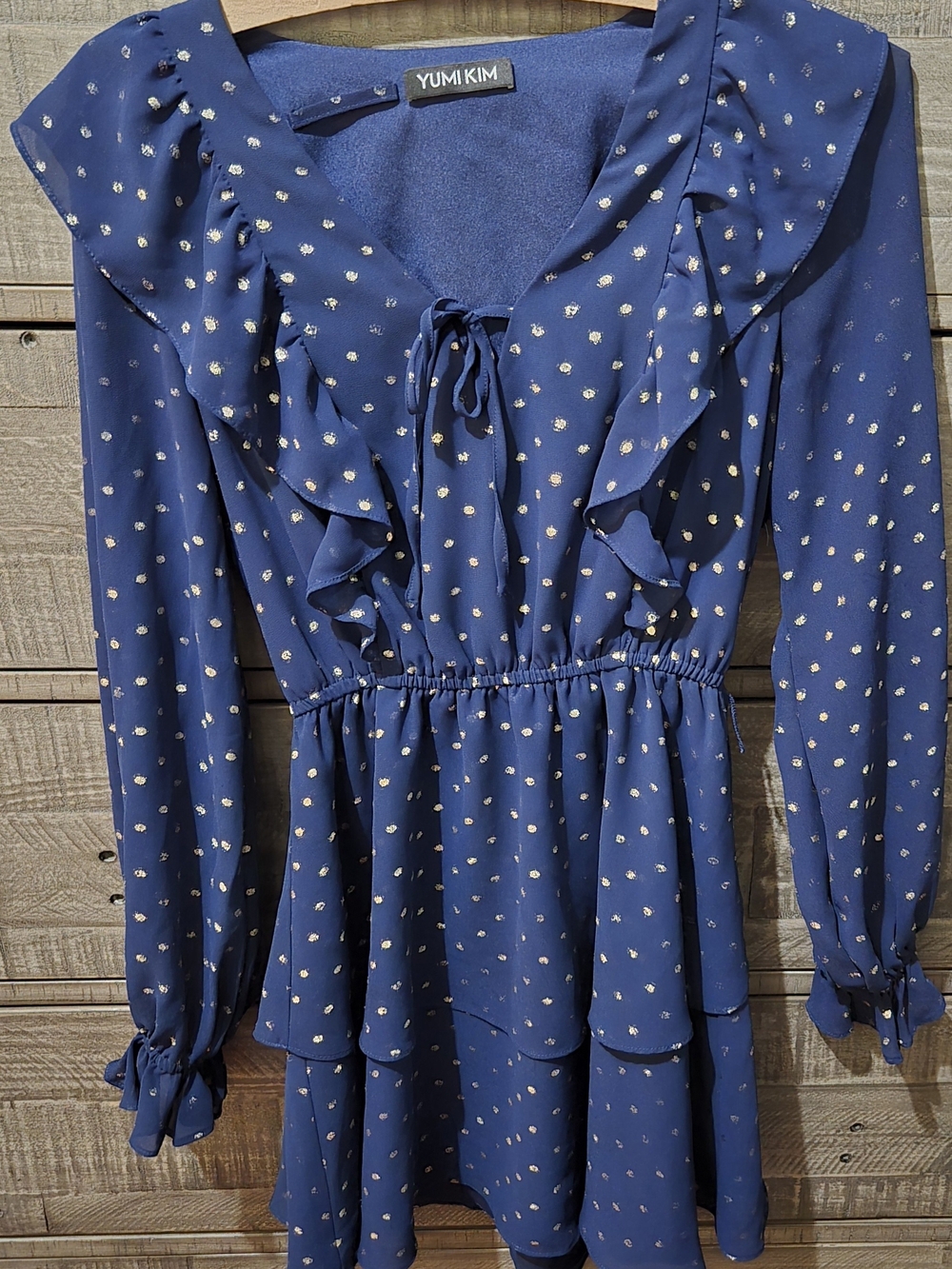 Yumi Kim Blue Gold Metallic Polka Dot Ruffle Mini Dress Long Sleeve Tie Front
